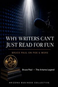 Why Writers Can’t Just Read for Fun, Bruce Paul on Poe and more, graphic with a studio microphone
