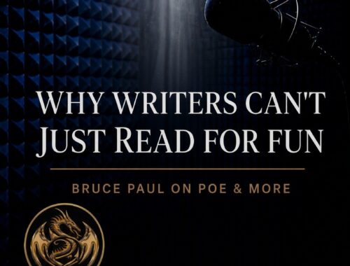 Why Writers Can’t Just Read for Fun, Bruce Paul on Poe and more, graphic with a studio microphone