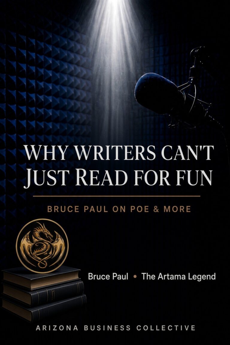 Why Writers Can’t Just Read for Fun, Bruce Paul on Poe and more, graphic with a studio microphone