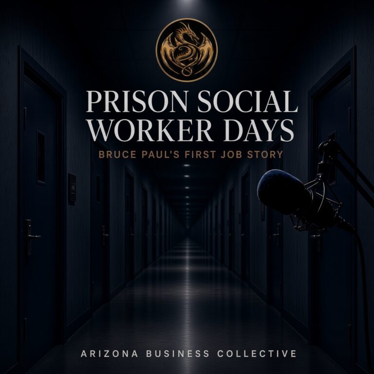 Prison Social Worker Days, Bruce Paul’s first job story graphic with a dark prison hallway