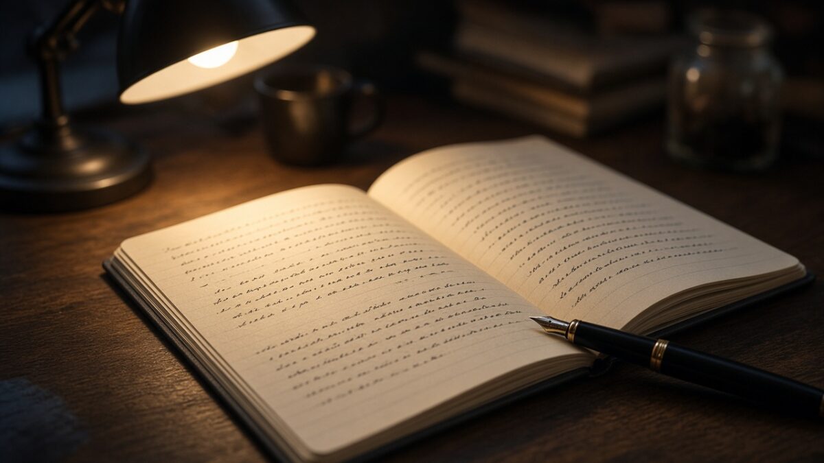 Open manuscript pages on a desk with handwriting that seems to reverse under warm lamp light