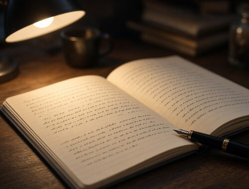 Open manuscript pages on a desk with handwriting that seems to reverse under warm lamp light