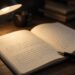 Open manuscript pages on a desk with handwriting that seems to reverse under warm lamp light